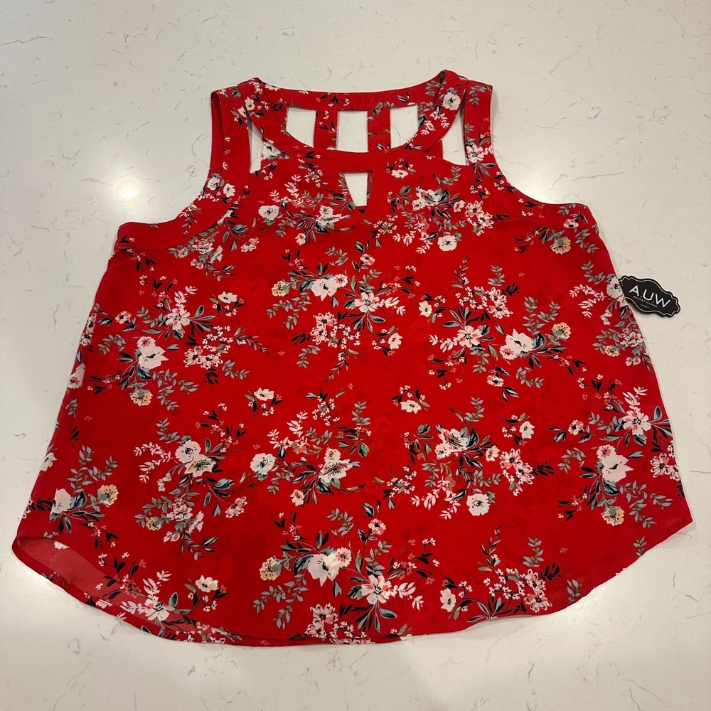 New AUW Womens Size XL Red Floral Blouse Top Pullover Sleeveless Halter Open Bac
